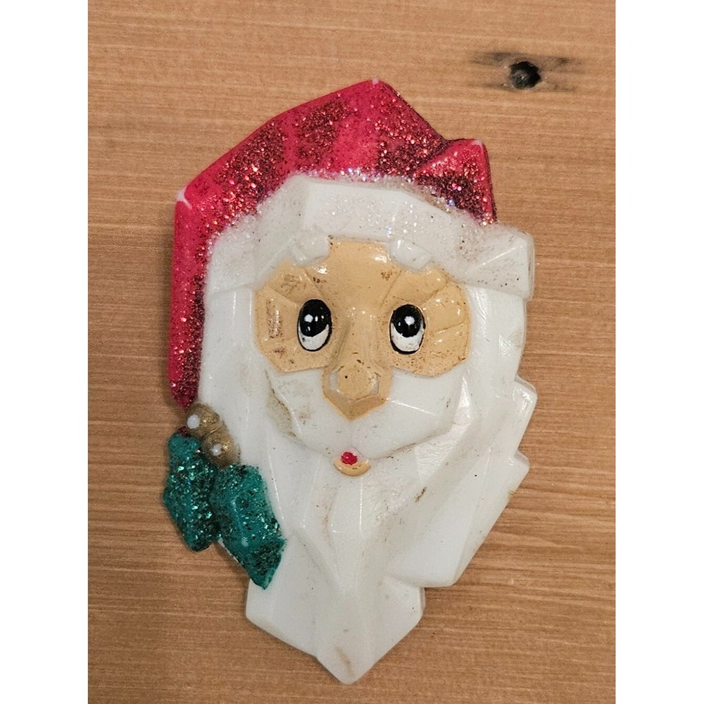 Vintage Santa Claus Face Christmas Holiday‎ Brooch Pin Red Glittery Hat